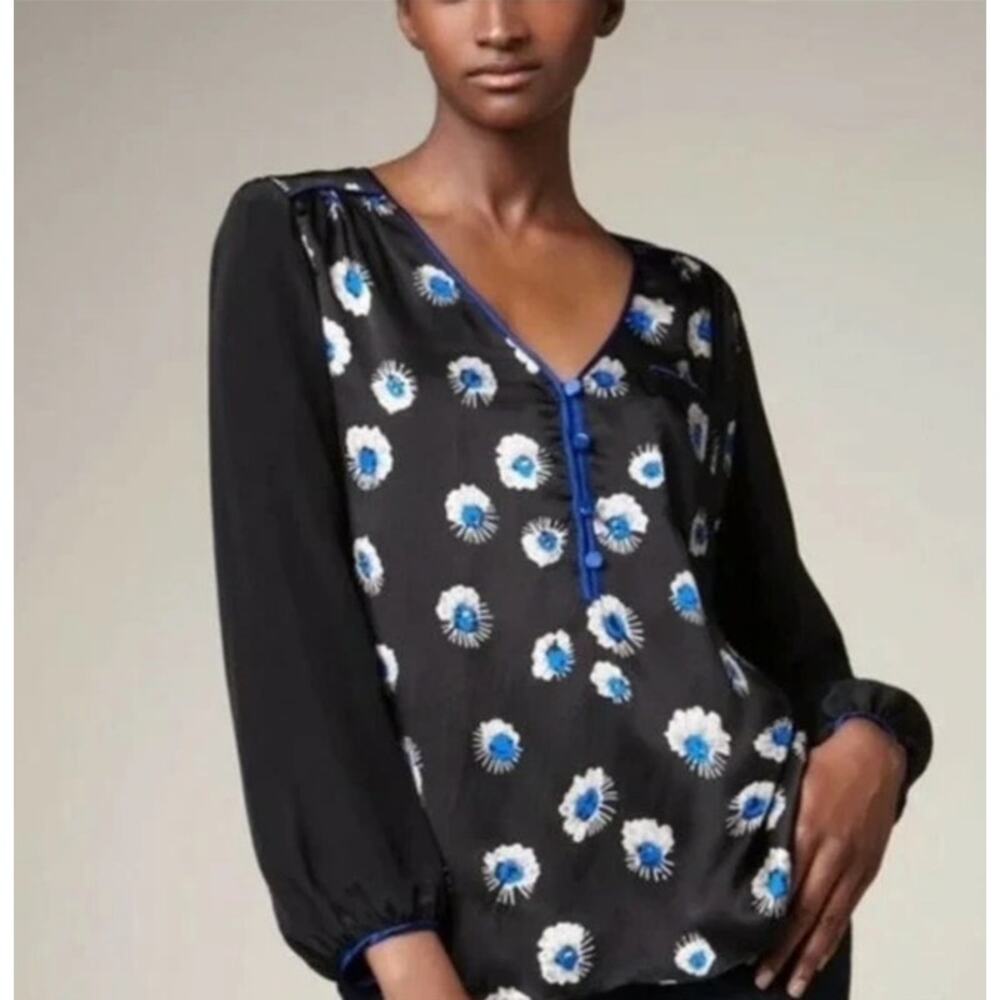 Rebecca Taylor blouse Women's 2 Black Cobalt Starflower Floral Silk Boho Peasant